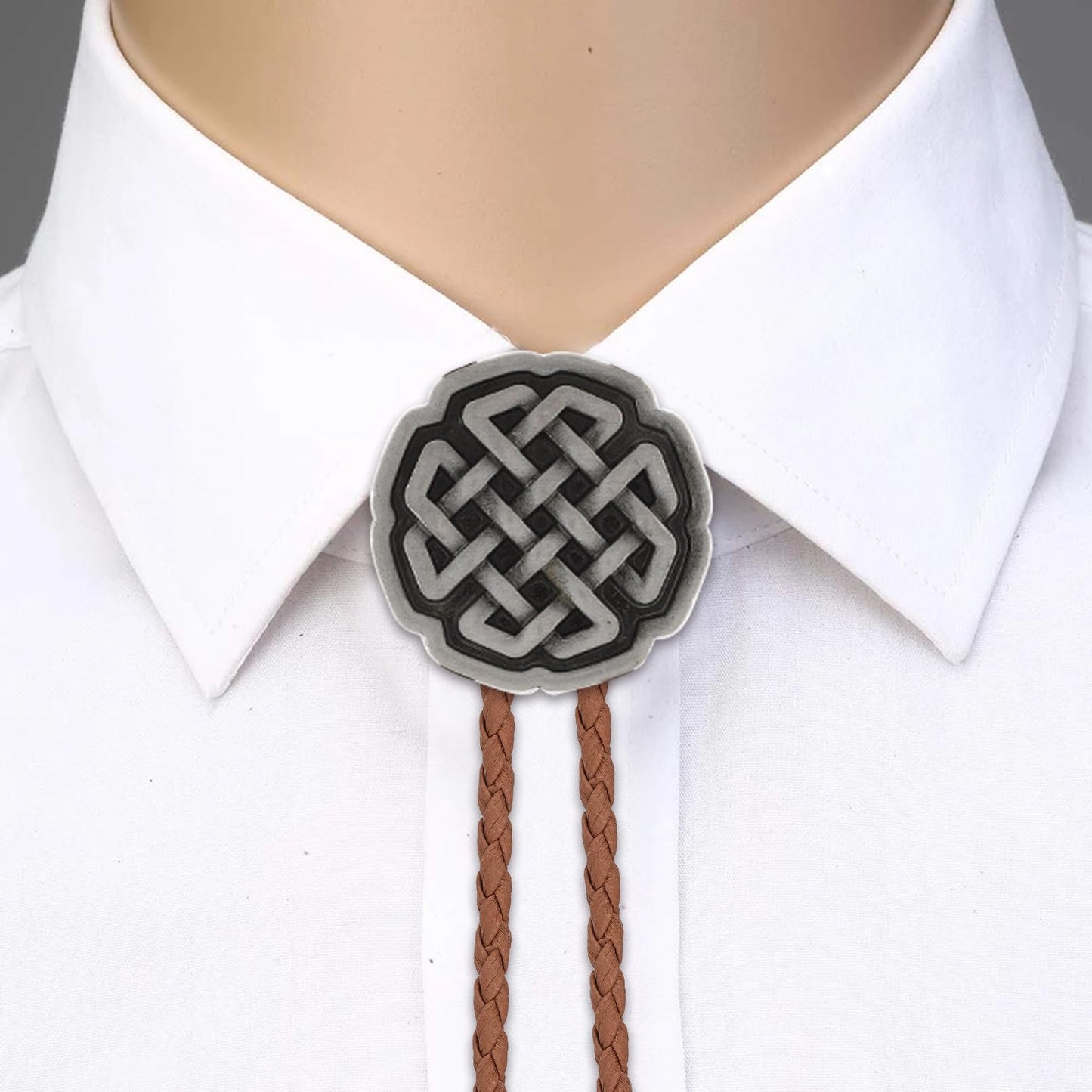 Ynlonghornb Cowboy Bolo Tie for Men and Women, Brown Leather Necktie, Native American Cowboy Accessories for Women (Silver Celtic Knot)