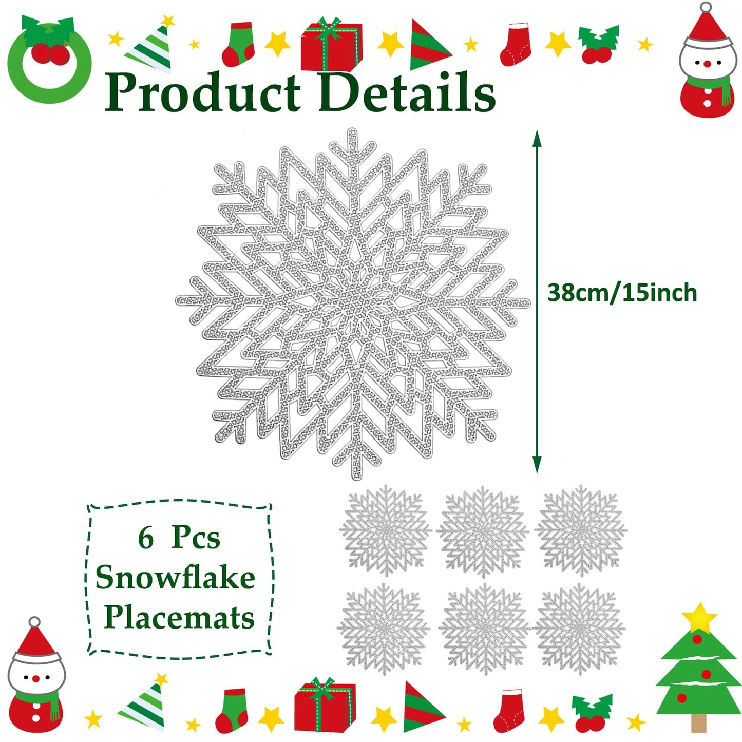 Snowflake Placemats Set of 6, Christmas Placemats Decorations Hollow Out Design Snowflake Table Mats Place Mats for Dining Table Setting Kitchen Table Mats Christmas Decoration(Silver Snowflake)