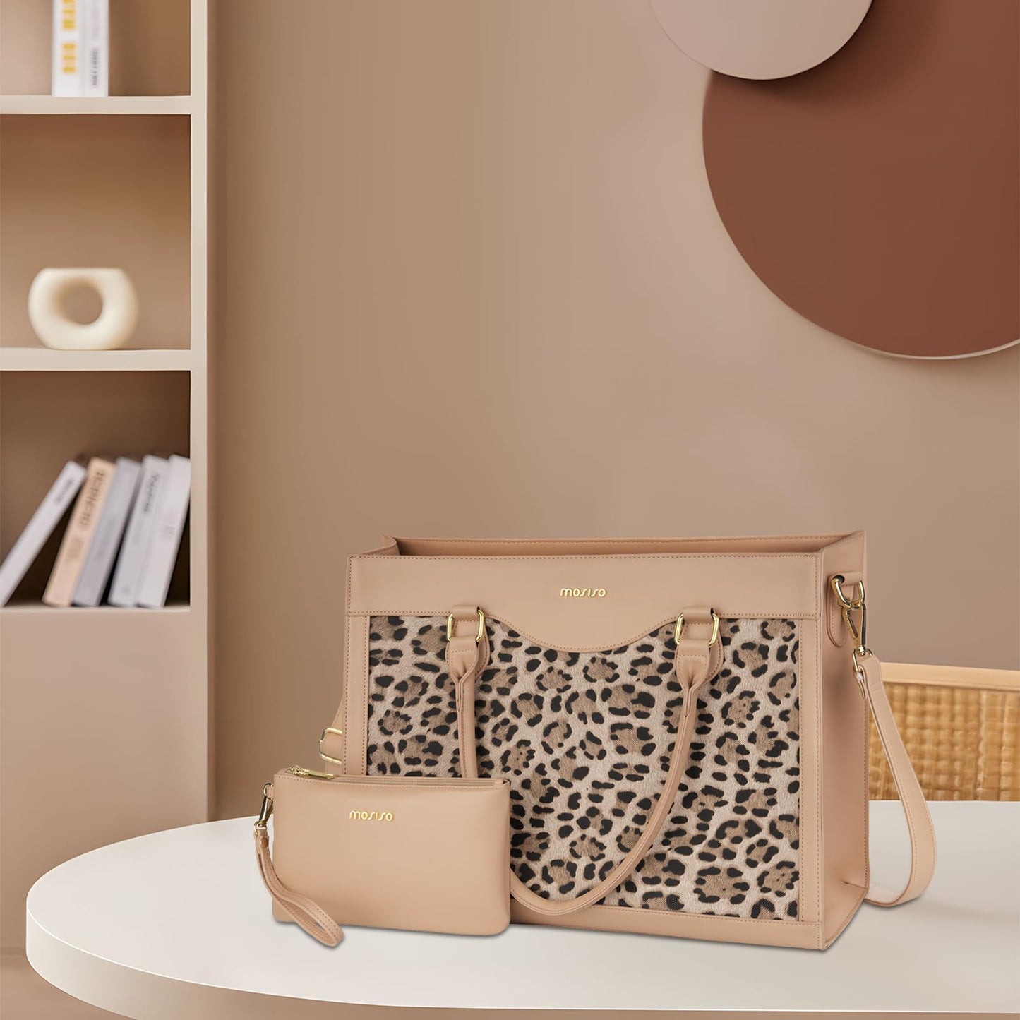 MOSISO Laptop Tote Bag with Large Capacity, 15.6 inch PU Leather Leopard Grain Laptop Bag for Women & Clutch Purse, Waterproof Computer Bags Work Briefcase for Business Teacher Office College, Apricot