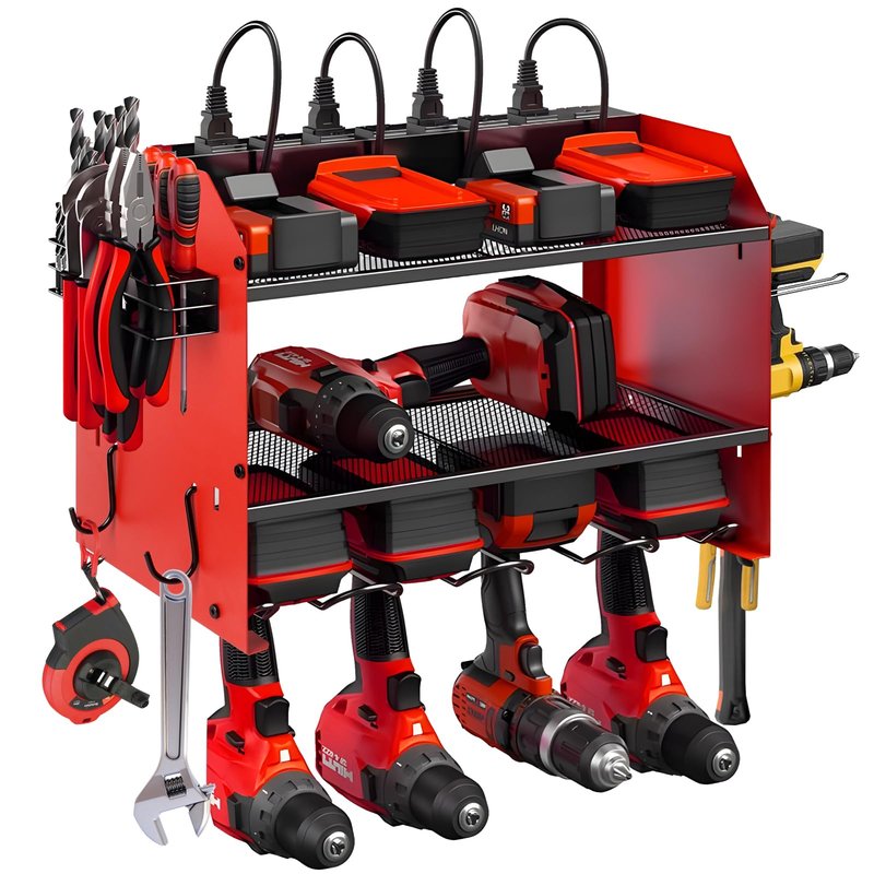 Power Tool Organizer wtih Charging Station，3 Layers Storage Rack with Screwdriver Rack 6 Drill Holders 8 Outlets Max Load 110lbs，for Workshop Garage Organizers and Storage Tool Battery Holder (Red)