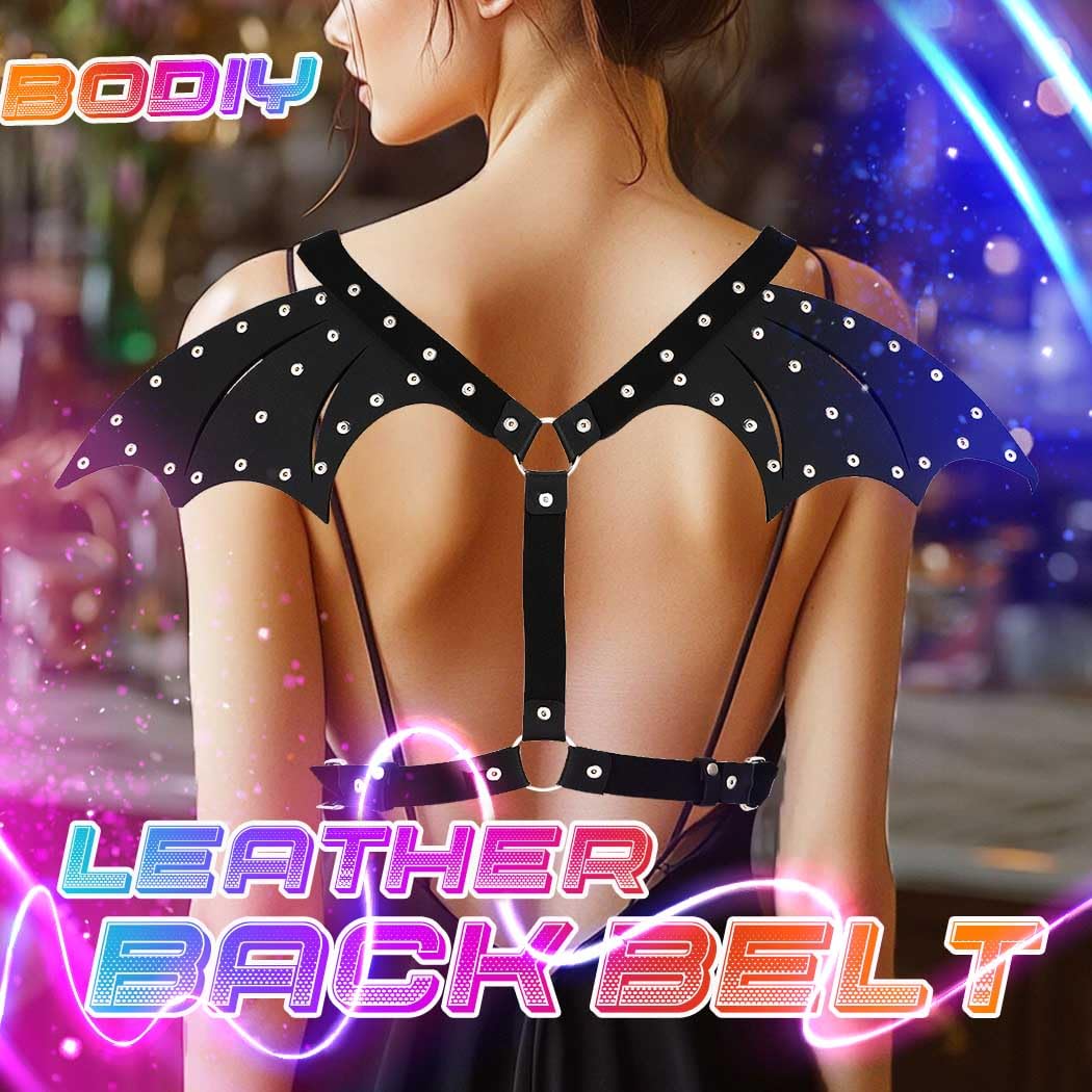 BODIY Leather Waist Chain with Back Wings Gothic Black Chest Belts Bat Pu Body Accessories for Women