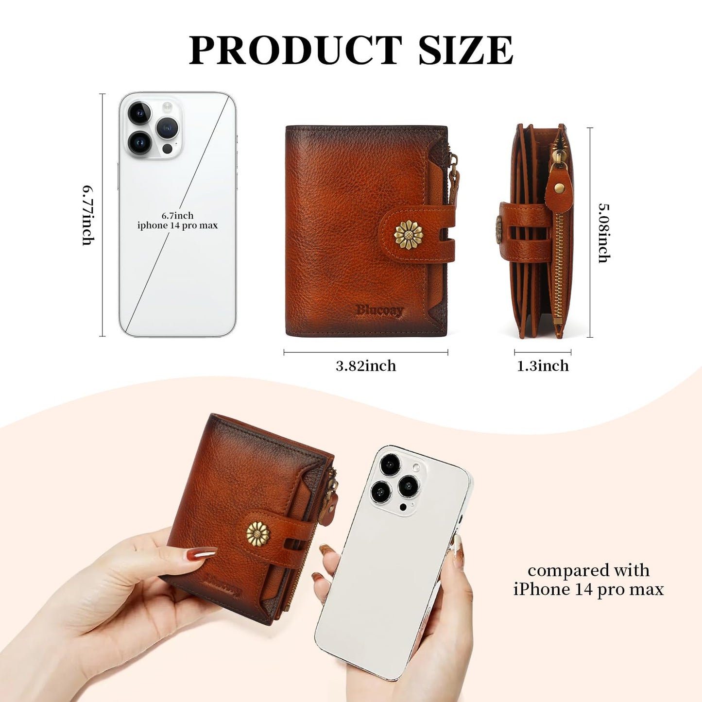 Blucoay Wallet Women,RFID Blocking Leather Womens Wallet Bifold Compact Card Holder Small Wallet for Women with Removable ID Window Brown