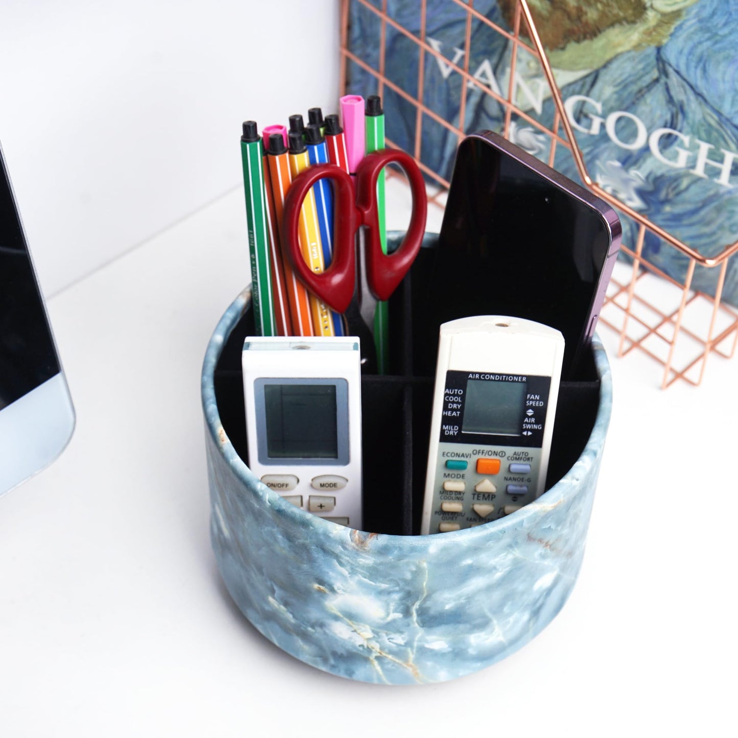 Haecsfl Round Leather Art Supply Organizer,Remote Control Holder,360-degree Rotating Pen Organizer with 4 Compartments(1-Marble Jade)