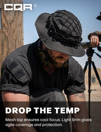CQR Men's Tactical Boonie Hat, Breathable Packable Sun Hat for Hunting, Hiking, Fishing, Shooting, and Outdoor Activities, Sentinel Black, Small-Medium