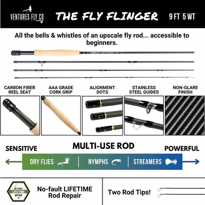 Ventures Fly Co. | Weekend Warrior Starter Package | 23 Fly Fishing Accessories Complete Combo | Includes Rod, Reel, Line, Flies, Leader, Tippet, Forceps, Nipper, Net, Sling Pack, and More!