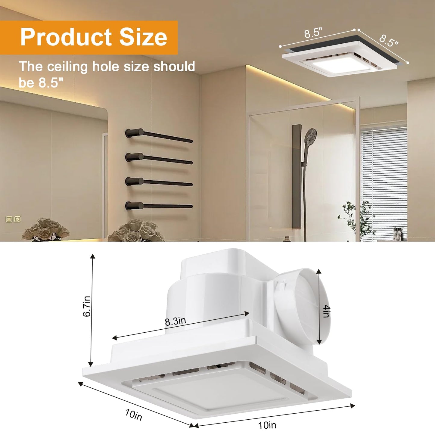 TOYOUSEA 10" Ultra Quiet Bathroom Exhaust Fan with Light 6500K LED 1.0 Sone 145 CFM, 8.3x8.3 Mount, 1500 LM Ceiling Ventilation Fan