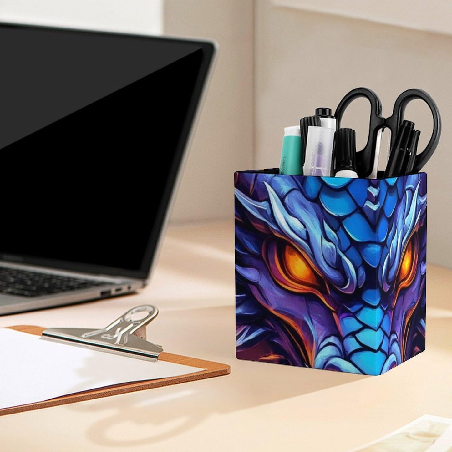 UTRSIFB Holder Cup Makeup Brush Storage Organizer, Waterproof Multifunctional Office Supplies, Pen Holder Square Leather Pencil Dragon