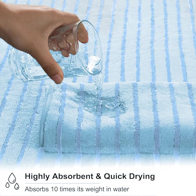 4 Piece Blue Cabana Stripe Large Bath Towels 35"x70" Oversized Bath Sheet Super
