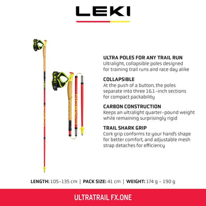 LEKI Ultratrail FX.One Carbon Collapsible Lightweight Trekking Poles for Hiking & Trail Running - Red-Black - 105 cm