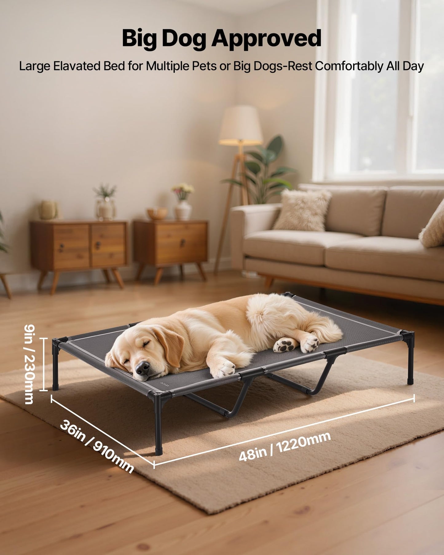 VEVOR Elevated Dog Bed for Large Dogs, Portable Raised Dog Cot with Steel Metal Frame and Breathable Teslin Mesh, Indoor & Outdoor Pet Cooling Raised Hammock Bed, XL, Gray