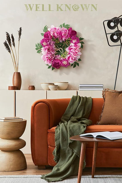 WELL KNOWN Spring Wreaths for Front Door, Peony Wreath for Front Door, Porch Outside Indoor, Wall Window Farmhouse Party Holiday Home Decor(Fuchsia)