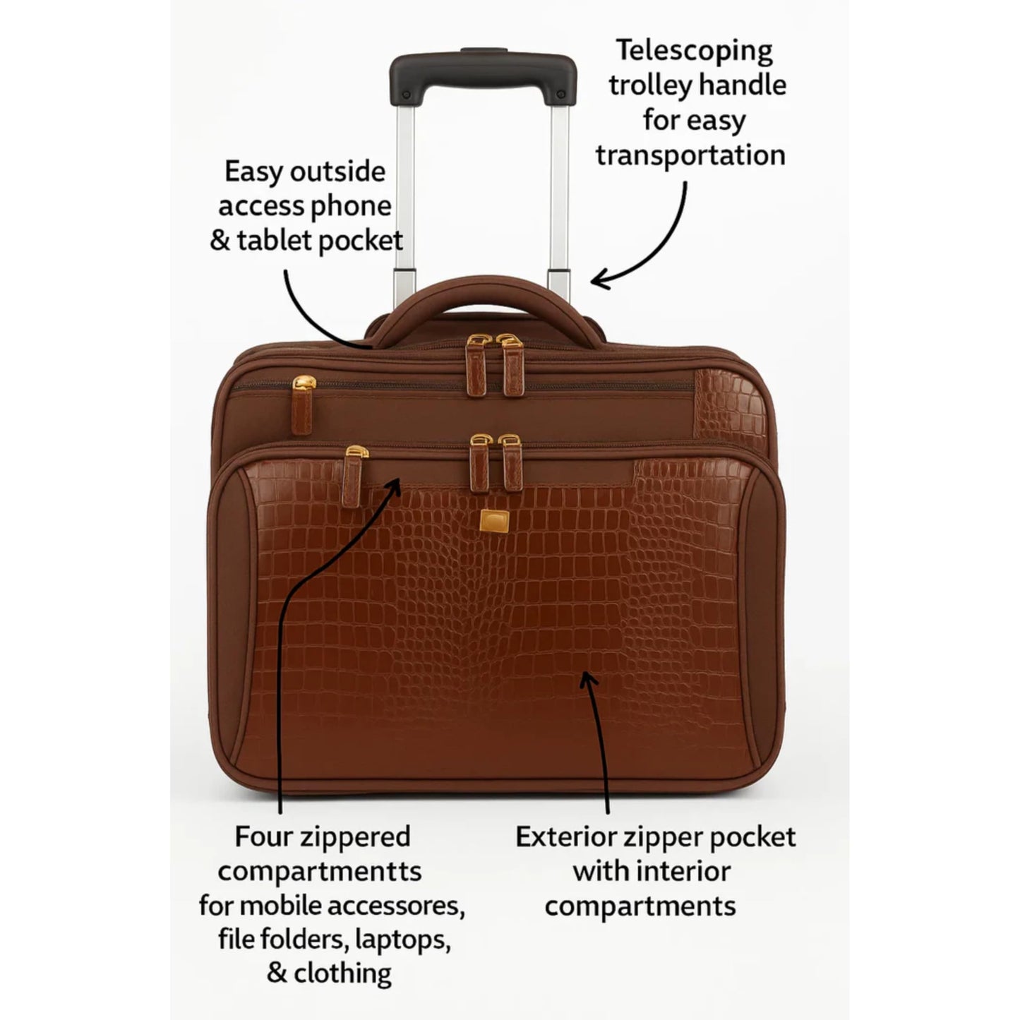 FRANCINE Croco-Style Roller Laptop Tote Bag, Fits Up to 17-Inch Laptop, Wheeled Carry-On Work Travel Bag with Telescoping Handle and Multiple Compartments (Brown)