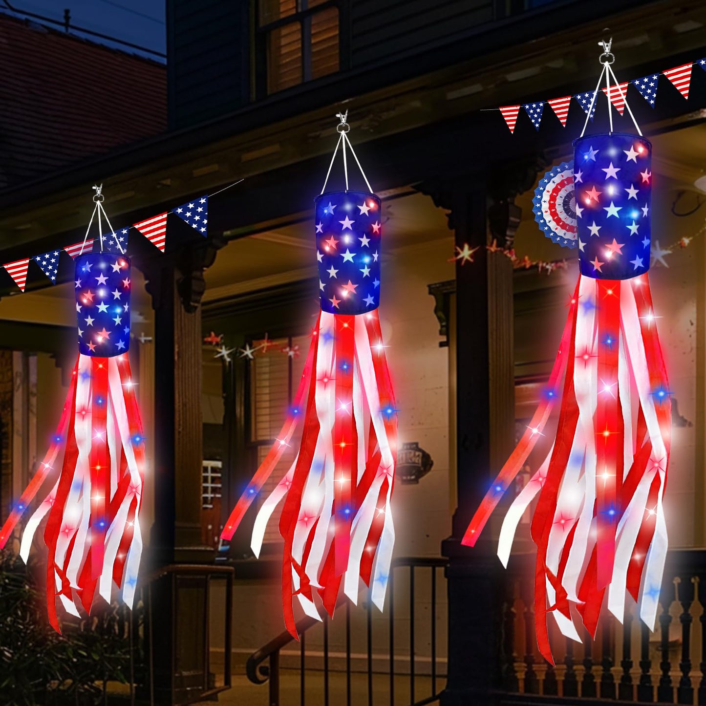 3 Pack 40" American Flag Windsock with Lights 4th of July Decorations, 250th Anniversary USA Red White Blue Star Stripes Patriotic Windsock Memorial Day Independence Day Fourth of July Outdoor Decor
