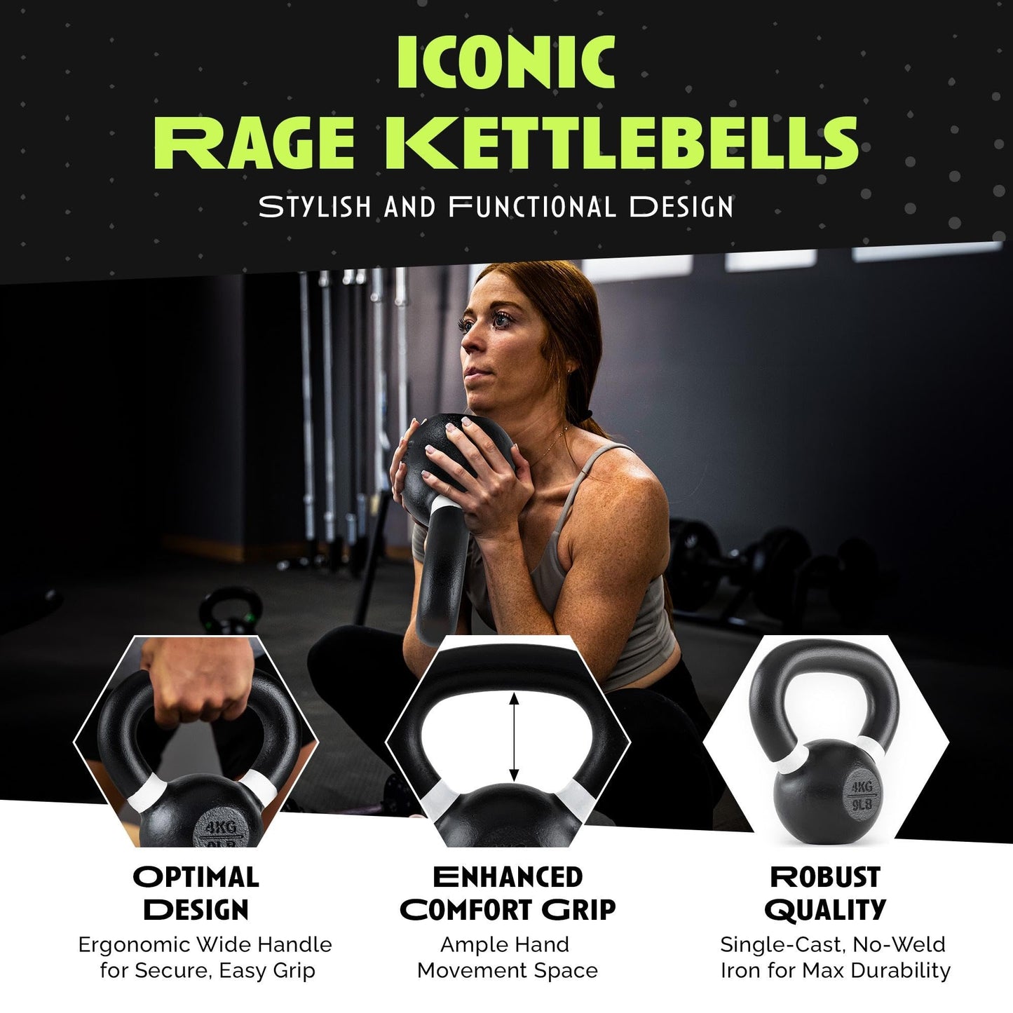 Rage Fitness Single Cast Iron Kettlebell | Powder Coated - Wide Handle Weights for Core & Glute Workouts; Swings, Squats, Deadlifts; Strength, Endurance & Flexibility for Men & Women