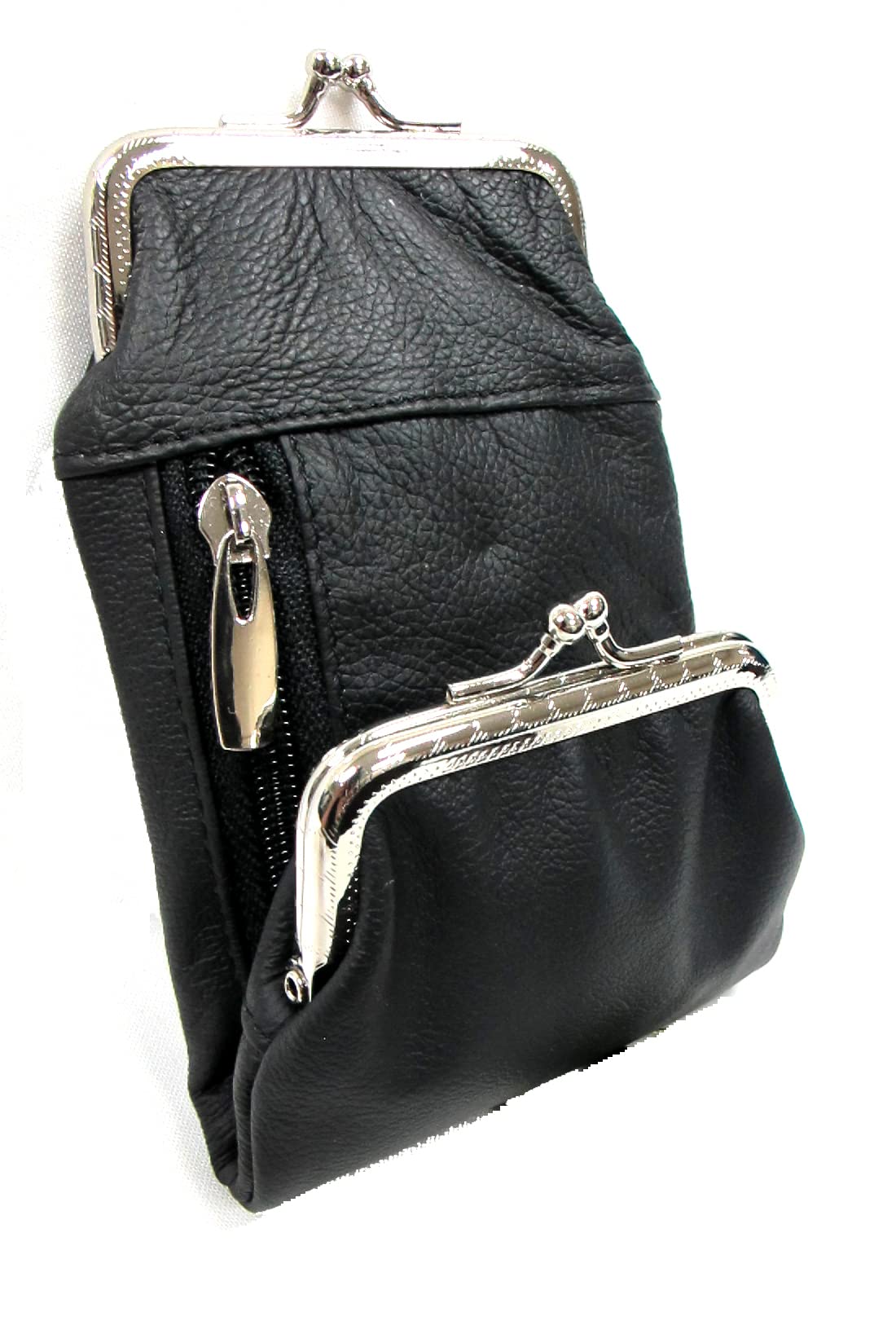 Deluxe Genuine Leather Cigarette and Lighter Case with Zipper Pocket Twist Clasp Kiss Lock Closure Fit 100's - Black