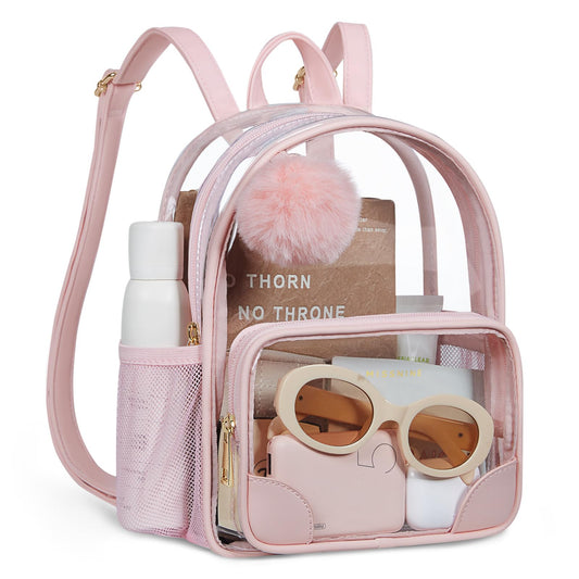 Missnine Small Clear Backpack for Stadium Events Anti-theft Mini Clear Bag for Sport Event Concert with Cute Pom-pom Ball