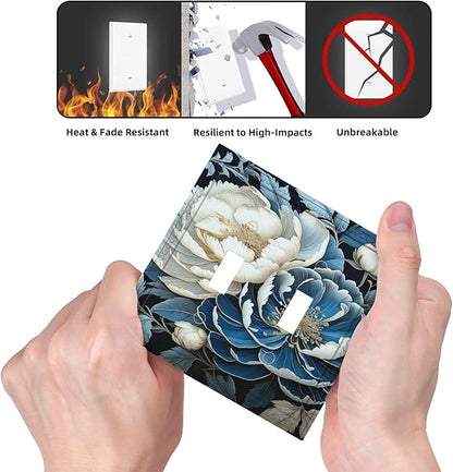 White Blue Flower Peonies Light Switch Covers Double Toggle 2 Gang Wall Plate Dual Decorative Switchplate Electrical Faceplate for Farmhouse Living Room Decor