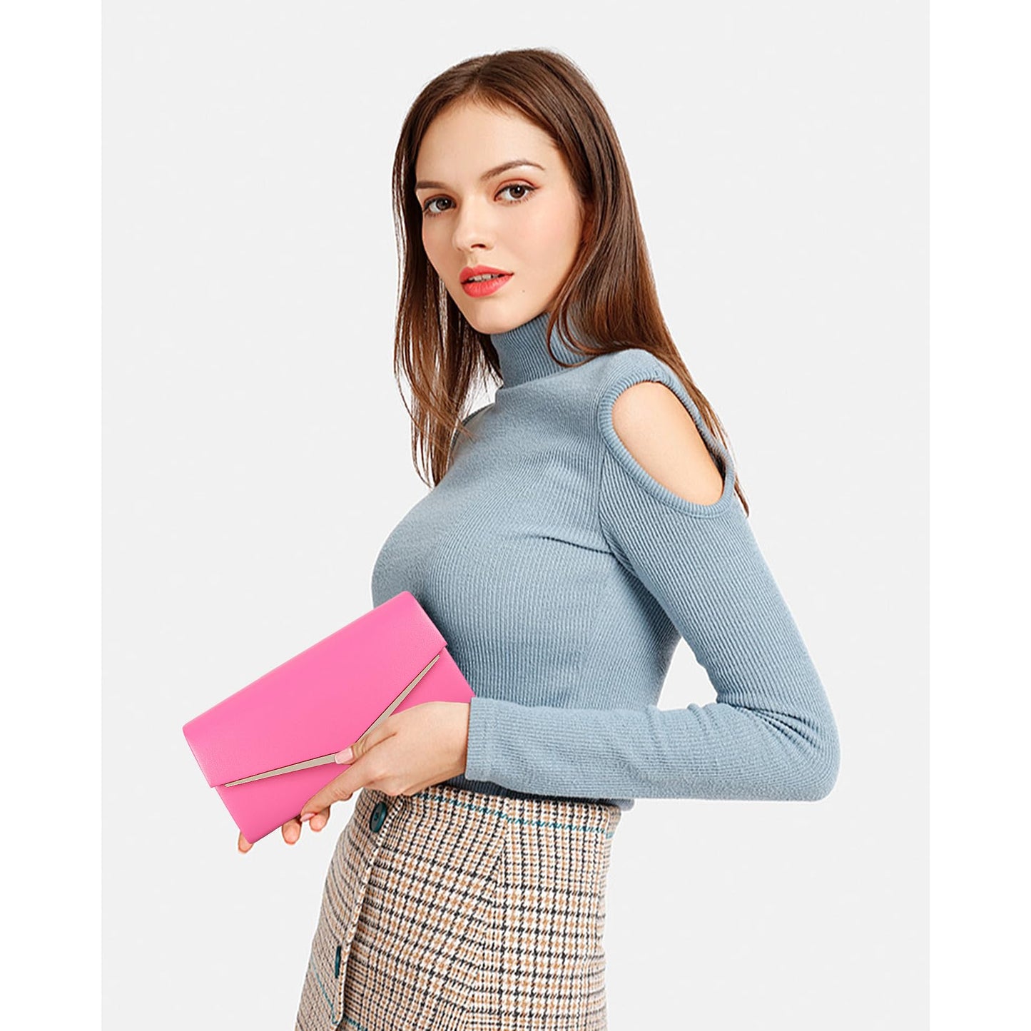 Women’s Evening Handbag Vegan Leather Ladies Envelope Clutch Classic Elegant Purse Bags Hot Pink