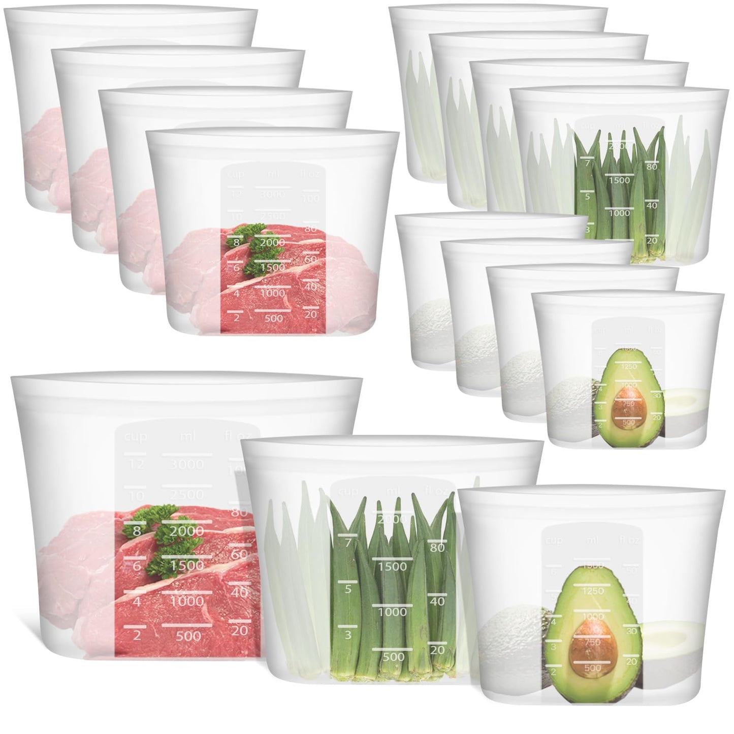 Reusable Food Bags, 12 Pack 100% Silicone Food Storage Bags Stand Up Zip Lock Container, Freezer Microwave Oven Dishwasher Safe, 4 Medium 4 Small 4 Extra Small, Aqua