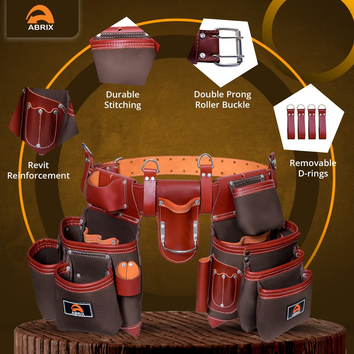 ABRIX Heavy Duty Tool Belt – 4MM Genuine Leather & Ballistic Nylon, Brass Buckle & Rivets, EVA Sheet Reinforced Lining, Foam Padded Comfort Framing Rig & Carpenter Tool Belt with Suspender | 28 Pocket