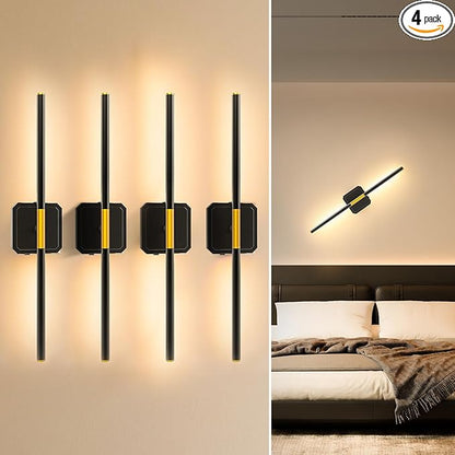 10000mAh Battery Operated Wall Sconce Detachable, Wireless Wall Lamp 3000-6500K Dimmable, Rechargeable Wall Light for Bedroom, Living Room, 28.3" Black Gold (4 Pack)