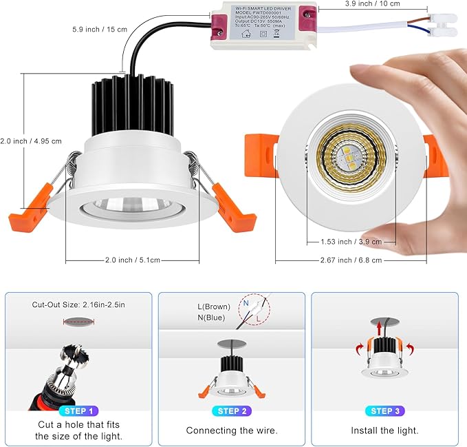 2 Inch Smart Recessed Lighting, 5W RGB WiFi LED Downlight, Dimmable RGB Color Changing & CCT 2700K–6500K, Compatible with Alexa & Google Home, 120V Round Recessed Ceiling Light with Driver (4 Pack)