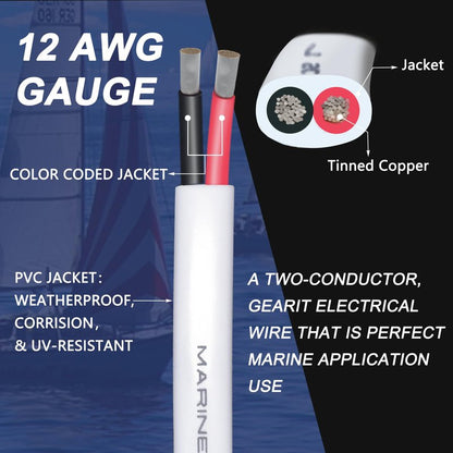12 Gauge Duplex Marine Wire Tinned Copper Boat Cable, 100ft 12 AWG Standard USA OFC Oxygen Free Copper Wire for Outdoors/Automotive/Boat/Speakers/Solar/RV/Camper/Trailer