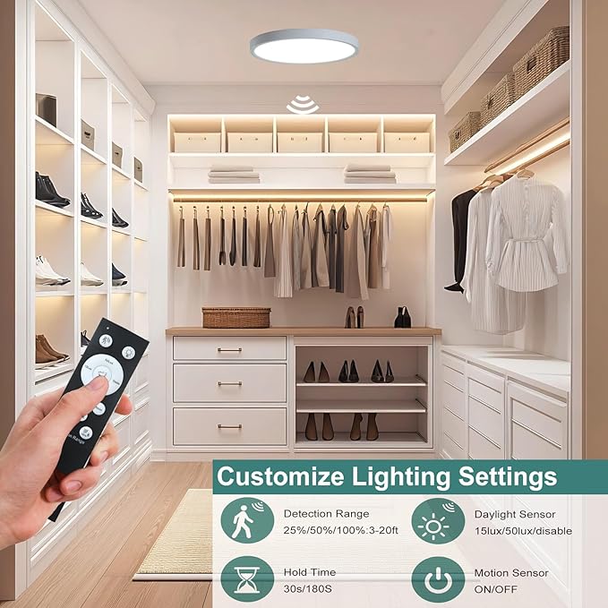 12 Inch Motion Sensor Ceiling Light Indoor Wired, LED Motion Sensor Light Indoor with Remote, Flush Mount Light Fixture for Closet Hallway Laundry Porch Pantry, White