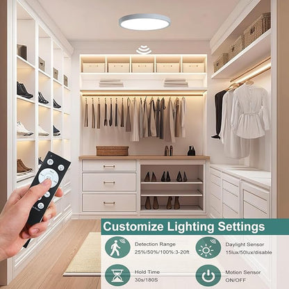 12 Inch Motion Sensor Ceiling Light Indoor Wired, LED Motion Sensor Light Indoor with Remote, Flush Mount Light Fixture for Closet Hallway Laundry Porch Pantry, White