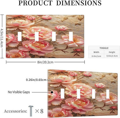 Pink Blooming Flowers Peonies Floral Light Switch Covers Quad Toggle 4 Gang Wall Plate Decorative Switch plate Electrical Faceplate for Farmhouse Living Decor
