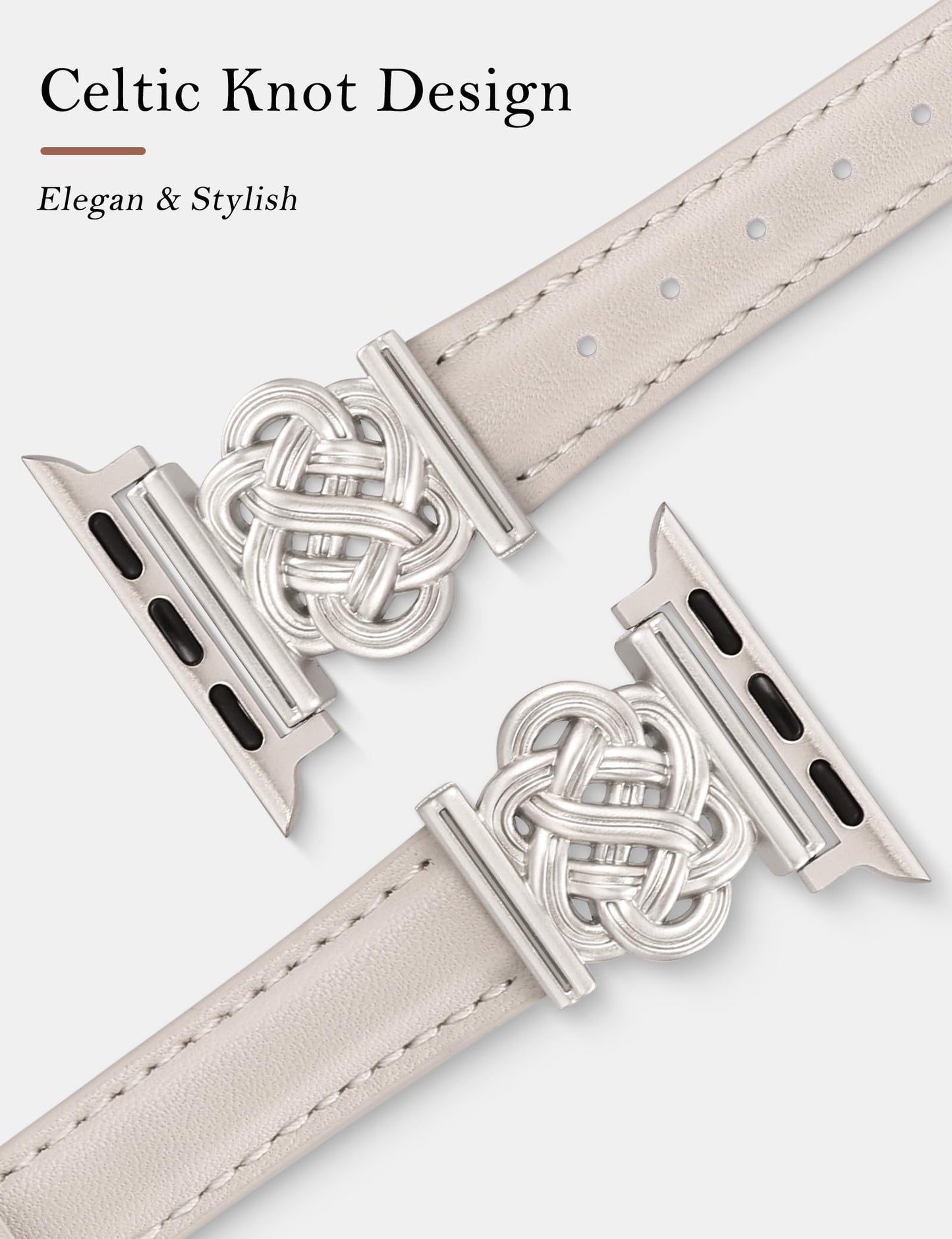 Minyee Celtic Knot Leather Band Compatible with Apple Watch Band 38/40/41/42mm Women, Slim Thin Dressy Premium Leather Interlock Buckle Strap for iWatch Series 11 10 9 Ultra SE 8 7 6 5 4 3,Starlight