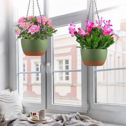 Set of 2 10 Inch Self Watering Hanging Planters for Indoor Outdoor Plants, Color Blocking Hanging Baskets Flower Pots with Drainage Hole & Removable Water-Storage Tray and 20" Chain Hanger