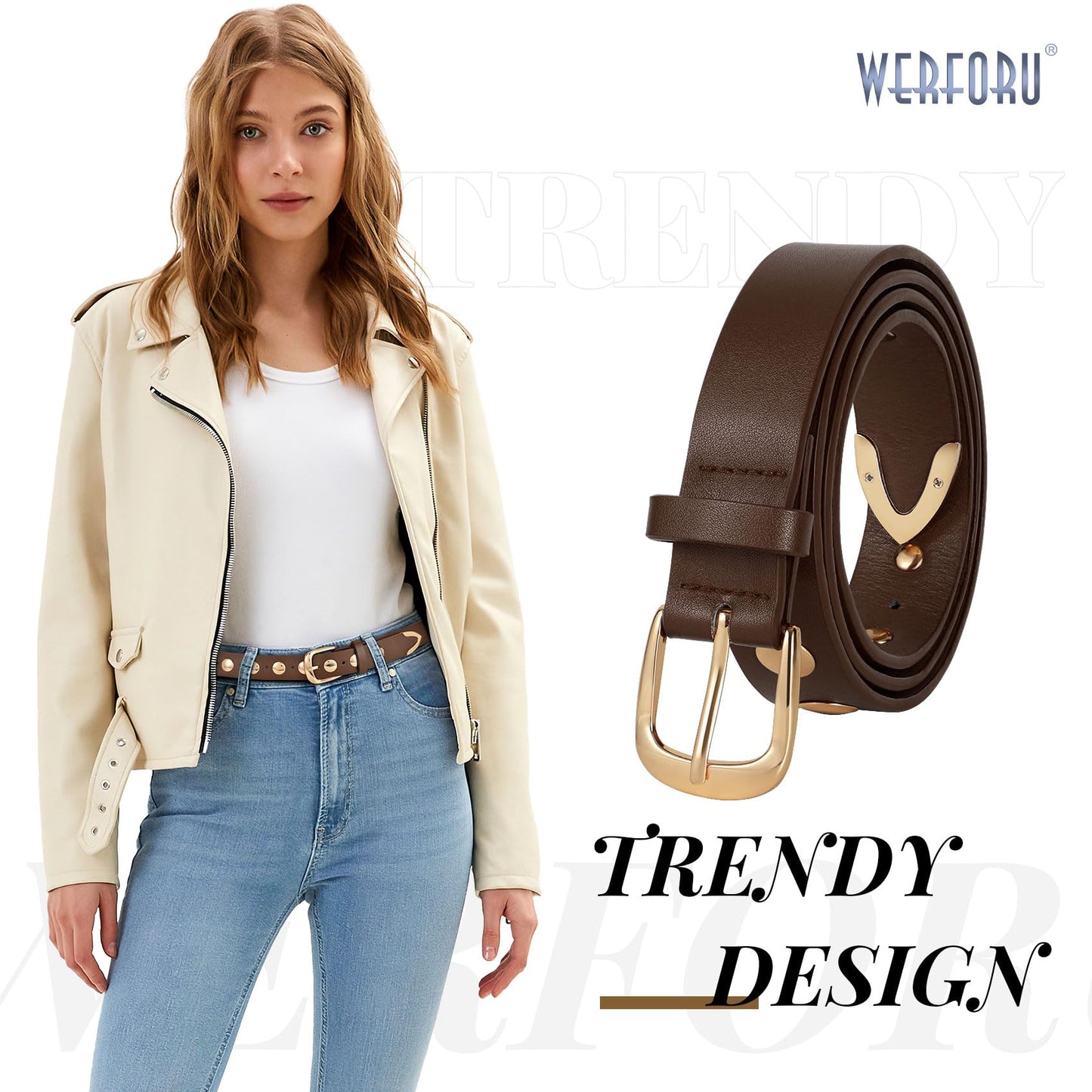 WERFORU Women Fashion Leather Belt Studded Leather Belt Ladies Belts for Jeans Dress Punk Belt,Coffee,25"-30" Waist Adjustable-