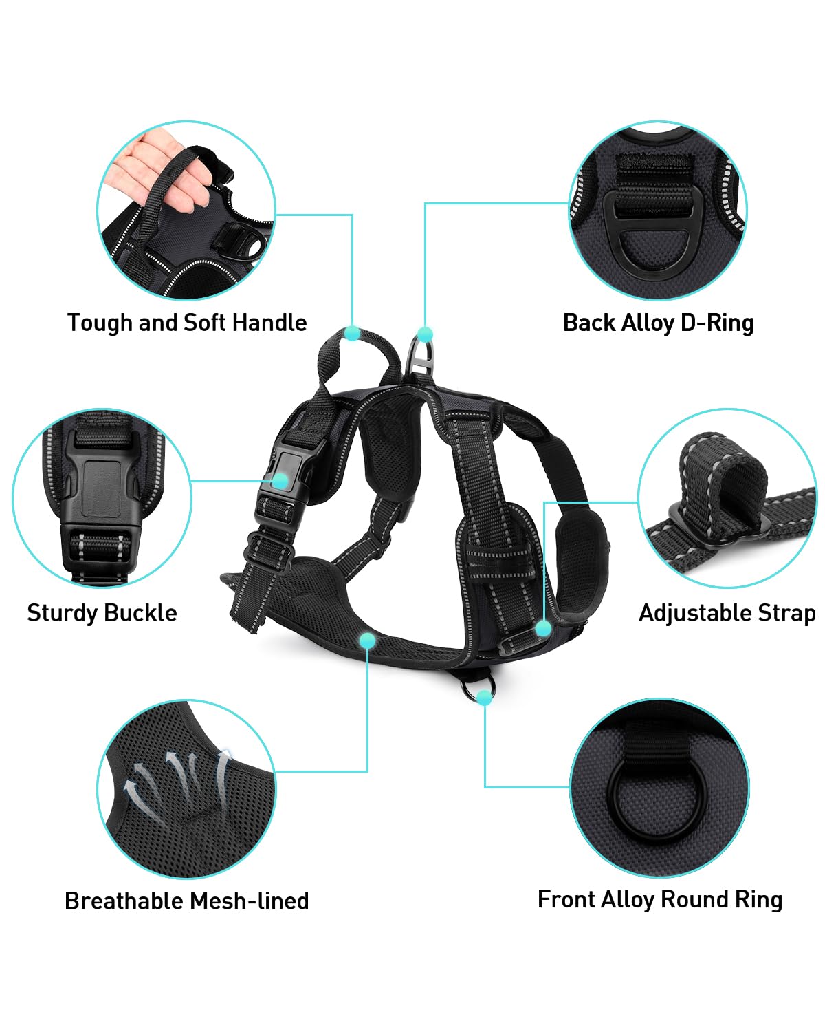 Joytale No Pull Dog Harness Medium Sized Dog, Reflective Pet Vest with Front Clip, Adjustable Soft Padded Harnesses with Easy Control Handle for Training and Walking, Black, M