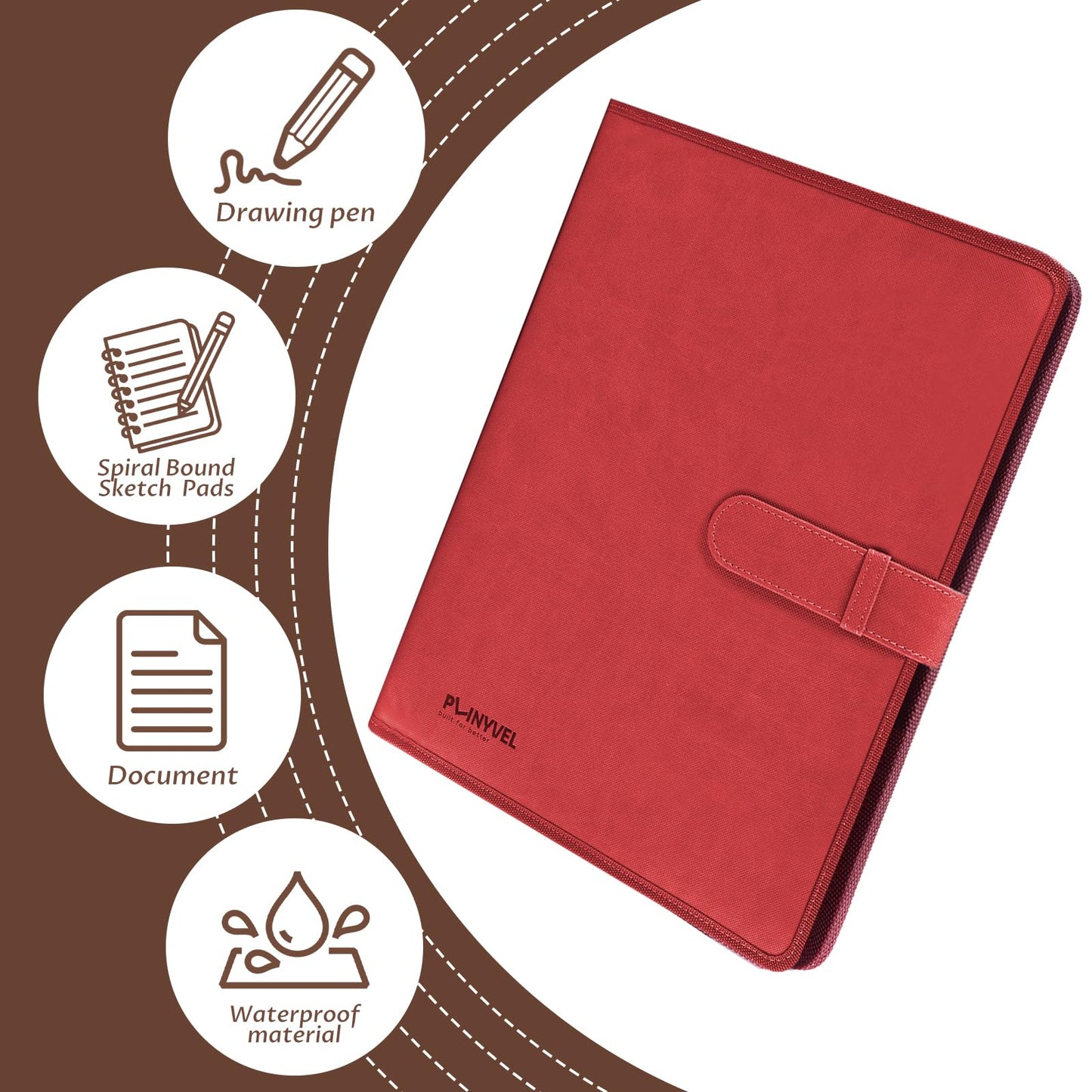 Plinyvel Travel Sketch Case & Cover: Leather Organizer Fits 5.5x8.5 Sketch Book & Spiral Pad | All-in-One Art Kit with Pencil Holder | Compact for Artists, Beginners & Travel (Red