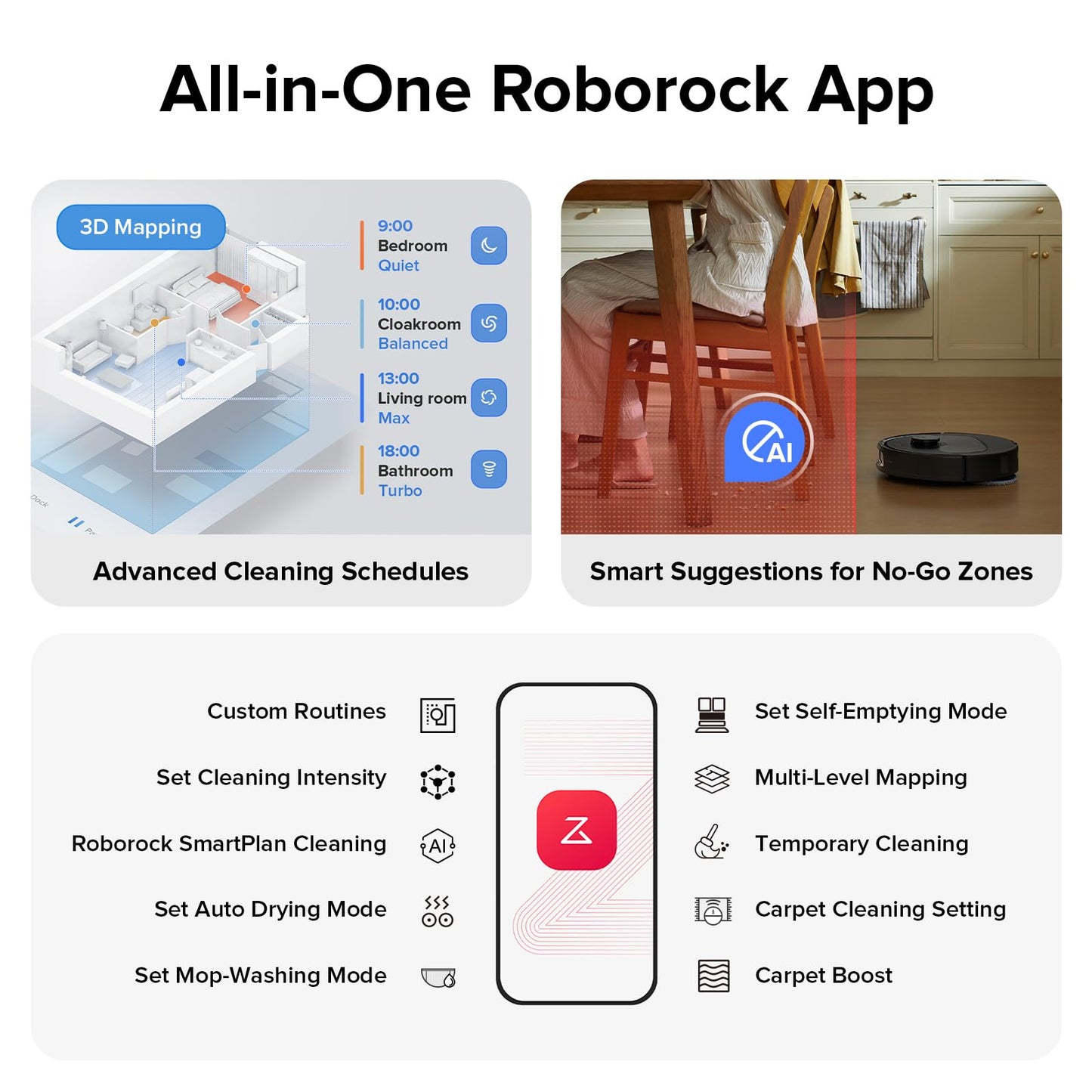 roborock Qrevo S Robot Vacuum and Mop, Self-Drying, Auto Mop Washing, 7000Pa Suction, Self-Emptying & Refilling, 10mm Auto Lifting, 200RPM Spinning Mops, Smart Obstacle Avoidance, Black