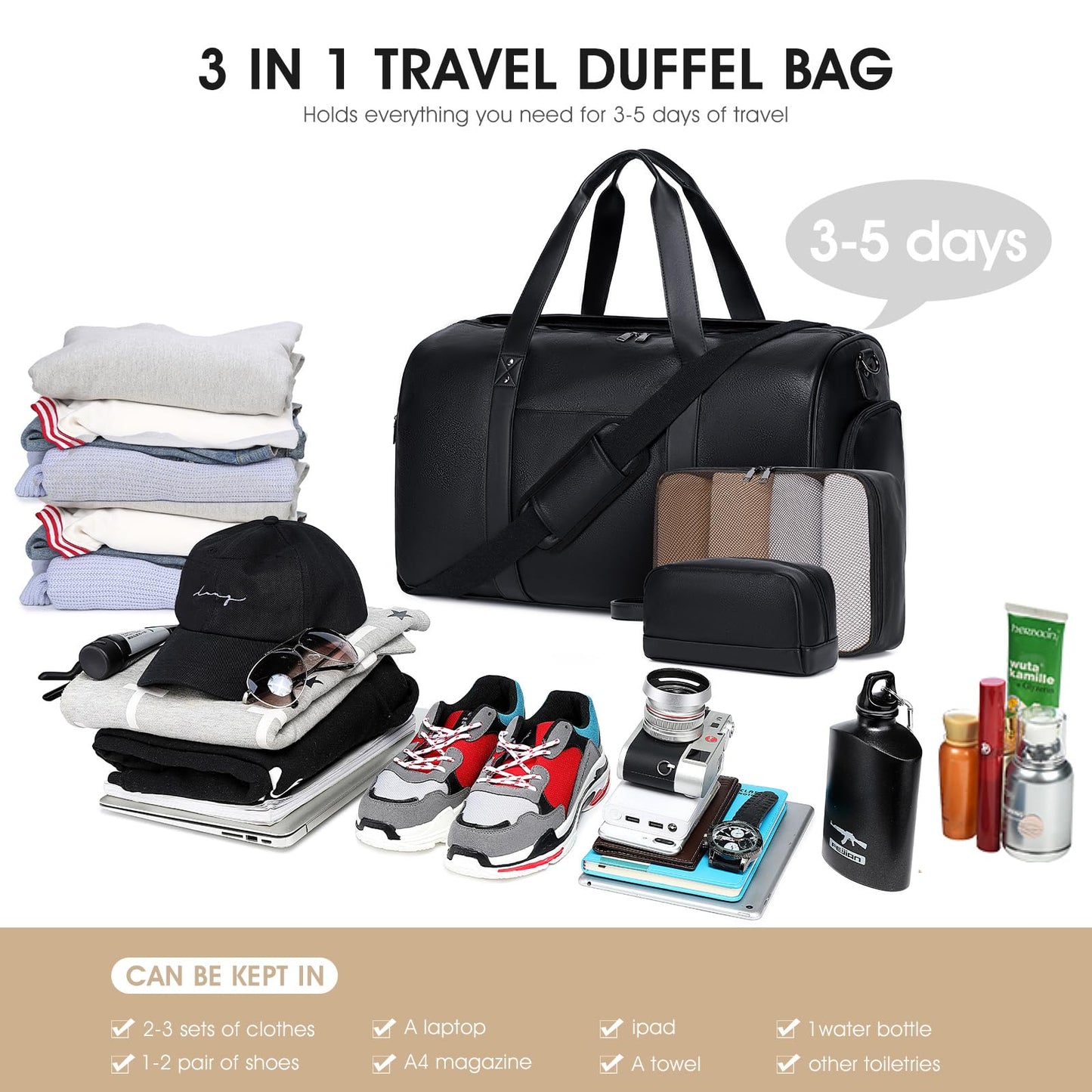 Wogarl 3PCS Leather Weekender Bag for Women Men: Large Overnight Travel Duffel Bags with Shoe Compartment Toiletry Packing Cube Carry On Tote Fit 21"(Black)