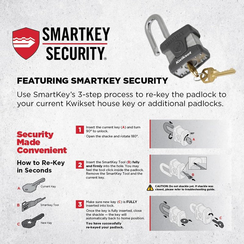 Kwikset SmartKey Re-Keyable Laminated Steel Padlock with Stainless Steel Shackle, Outdoor Gate and Storage Lock, 2 in Body, 2-1/2 in Shackle, 1 Pack, Silver