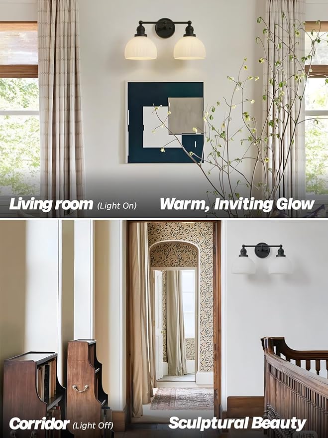 2-Light Wall Sconces,Black Double Bathroom Vanity Light with Milk Glass Minimalist Farmhouse Wall Sconce Light Lamp for Bathroom Mirror Living Room Bedroom Kitchen E26 Hardwire Indoor