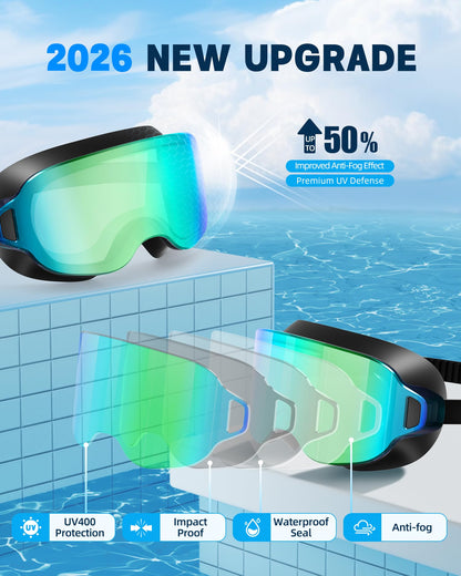 Aegend 2 Pack Swim Goggles For Youth Ages 8-16&Adult(Small Faces), Large Frameless Wide View No-Leak Silicone Seal Anti-Fog/UV, with Earplugs Nose Clips Mesh Bags for Teens Boys Girls Swimming