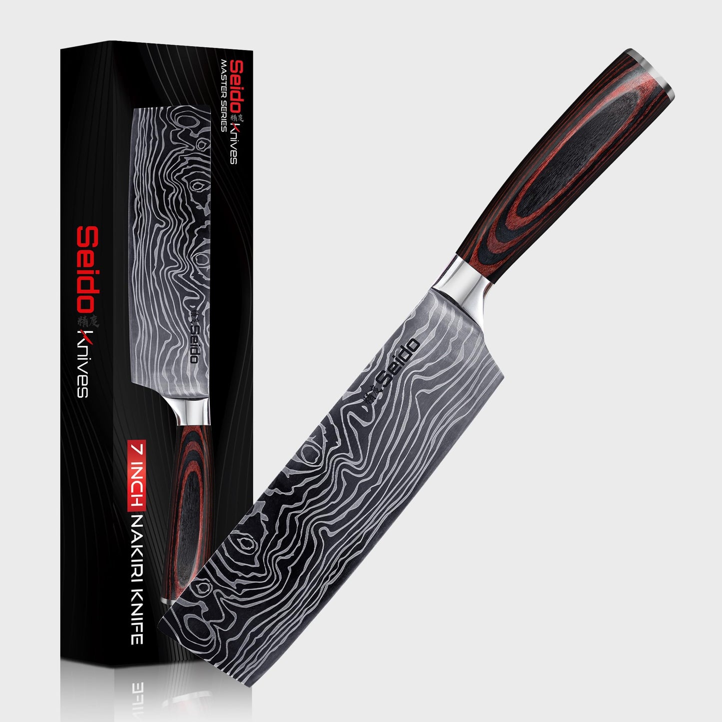 Seido Knives Master 7 Inch Nakiri Knife – High Carbon Stainless Steel Damascus Pattern Blade Full-Tang Balance Ergonomic Pakkawood Handle