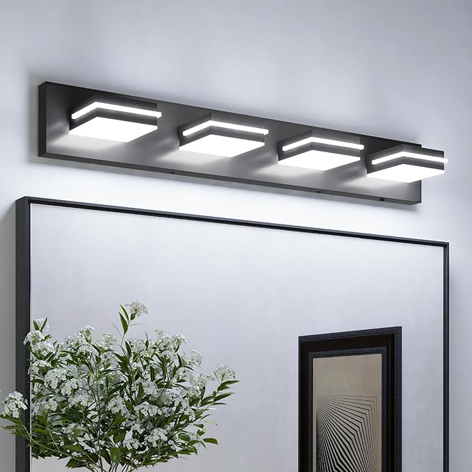 VOLISUN 4 Light Bathroom Vanity Light Fixtures,30 inch Black LED Bathroom Lighting Fixtures Over Mirror, 360°Rotatable Head, LED Vanity Lights for Bathrooms (6000K)