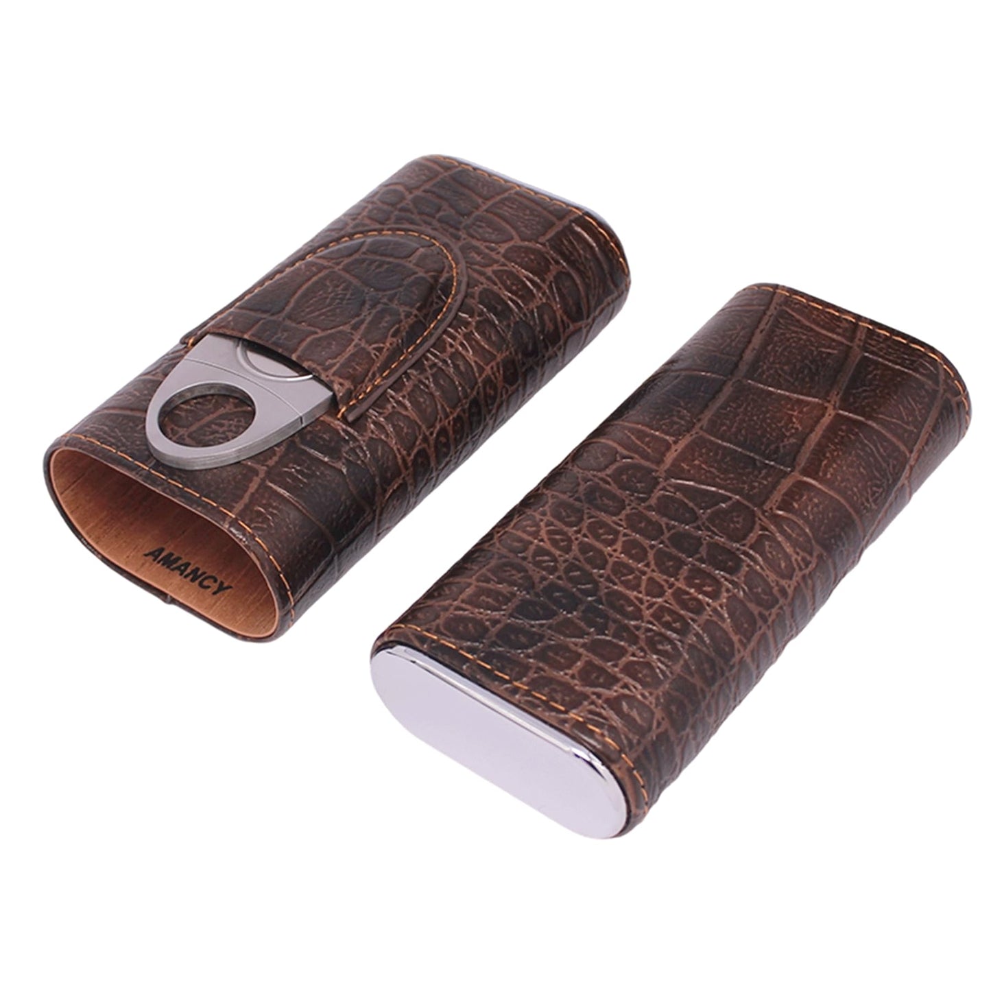 AMANCY 3-Finger Classy Black Brown Crocodile Pattern Leather Cigar Case With Small Humidifier and Cutter