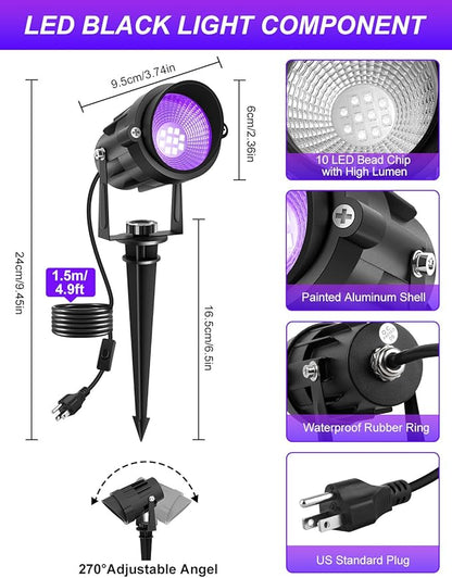 Halloween Outdoor Black Light Spotlight, LED Black Lights Waterproof Landscape Lighting with US Plug for Glow Party Body Paint Fluorescent Poster Stage Yard Garden Decoration(2 Pack)