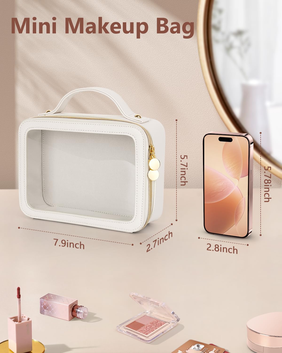 Soimeat Clear Makeup Bag, Portable Travel Cosmetic Bags, Multipurpose Leather Toiletry Bag with Zipper, Waterproof Transparent Cosmetic Organizer for Women, Medium, Beige