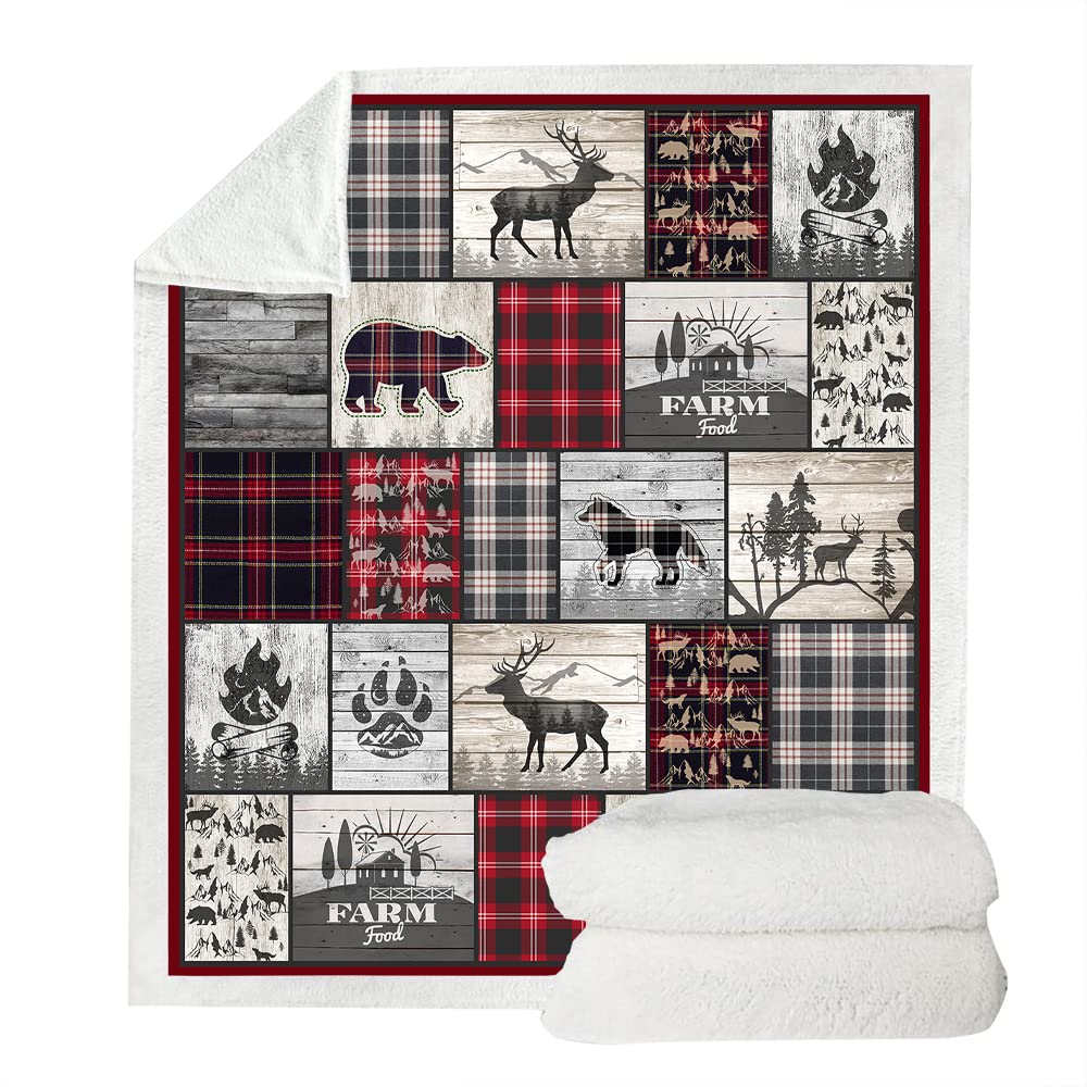 Belperan Wolf Bear and Deer Throw Blanket Rustic Cabin Decor Woodland Blanket Plaid Christmas Blanket Gifts for Women Southwestern Farmhouse Decor for Couch Bed Livingroom