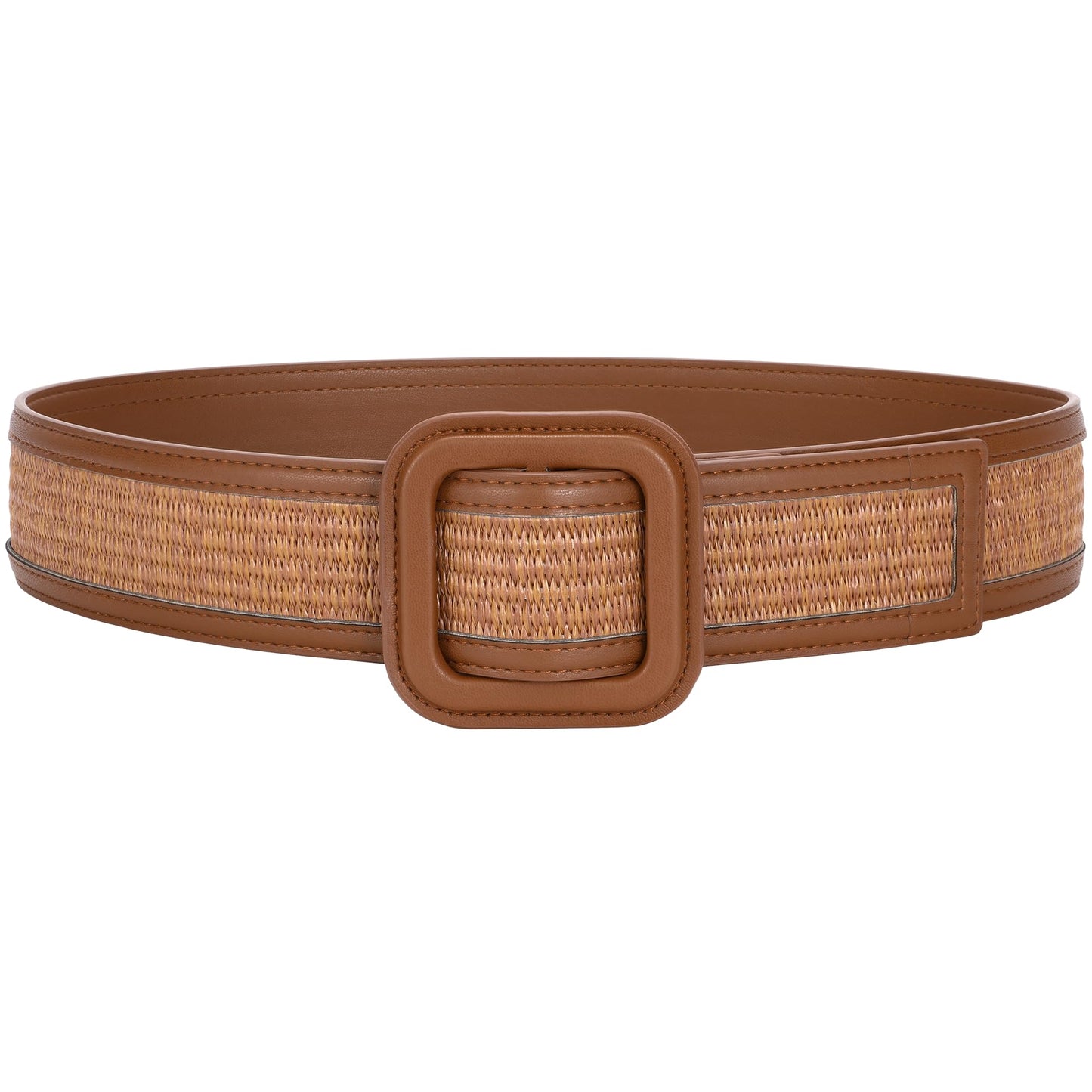 TRIWORKS Straw Woven Belts for Women Wide Waist Leather Boho Briaded Belt No‑Hole Adjustable for Dresses
