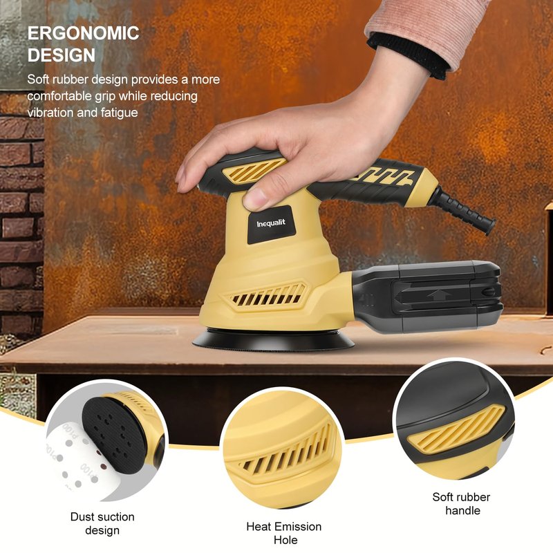 Inequalit Random Orbital Sander, 2.5Amp 4.9-Inch Corded Palm Sander, Max 13000 OPM Electric Drywall Sander with 6 Variable Speed, 20Pcs Sandpapers and Dust Bag for Woodworking, Sanding, Polishing