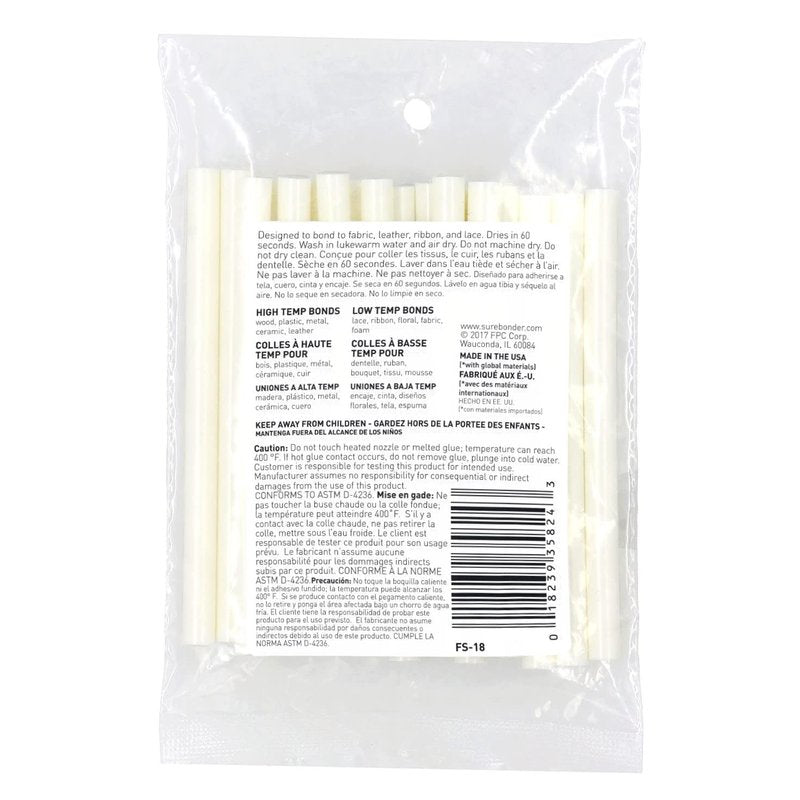 Surebonder White Mini Size Fabric Hot Glue Sticks, 4-Inch Length - Machine Washable, Works with Fabric, Leather, Ribbon, Foam, 18 Pack, White