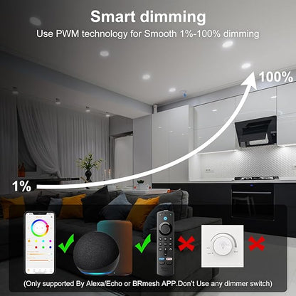 Smart Recessed Lighting 4 Inch RGBCW Color Changing 12W LED Recessed Ceiling Light with Junction Box,2700 K-6000K,1080LM Canless Downlight Compatible with Alexa,Dimmable by Bluetooth Control (4 Pack)